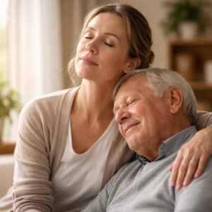 Une femme aidante et un homme âgé, les yeux fermés, dans un moment de calme et de connexion apaisée